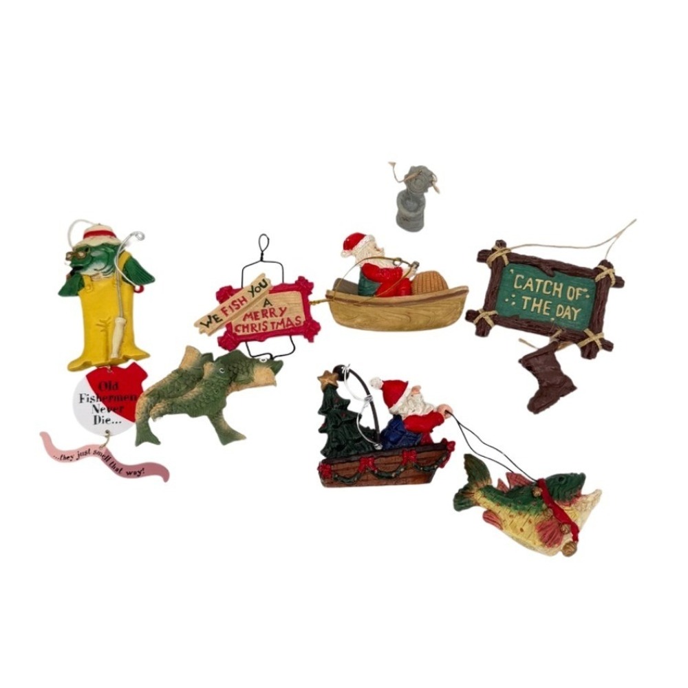 Fishing Christmas Ornament Lot Mixed Fishing Santa Humor Holiday Rustic Manly